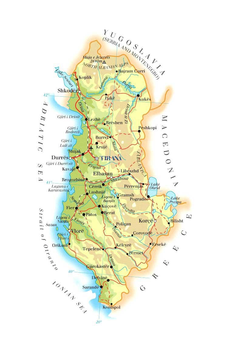 bản đồ của bản đồ vật lý của Albania